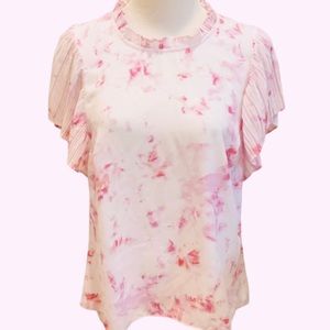 Nine West Pink Flutter Sleeve Blouse Lightweight M Ruffle Floral Print Feminine